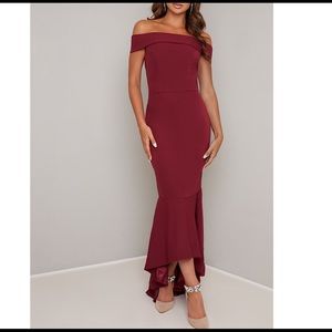 Chi Chi London Burgundy High Low Off Shoulder Gown NWOT